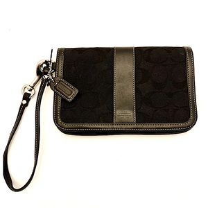 Coach Black Signature Snap Flap Foldover Canvas Leather Wristlet Clutch